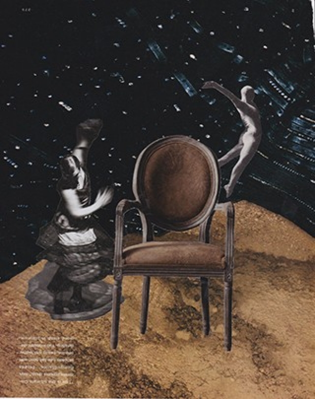 Collage showing two figures behind a chair on a hill with a starry sky. The figures and stars appear to be moving; the chair does not.