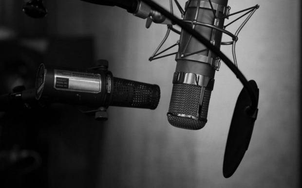 Black and white photo of a pair of microphones in shadow